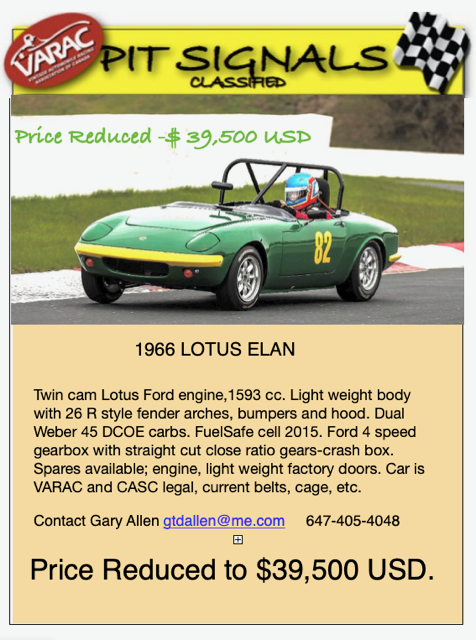 Road Racers For Sale - 1966 Lotus Elan - Price Reduced!