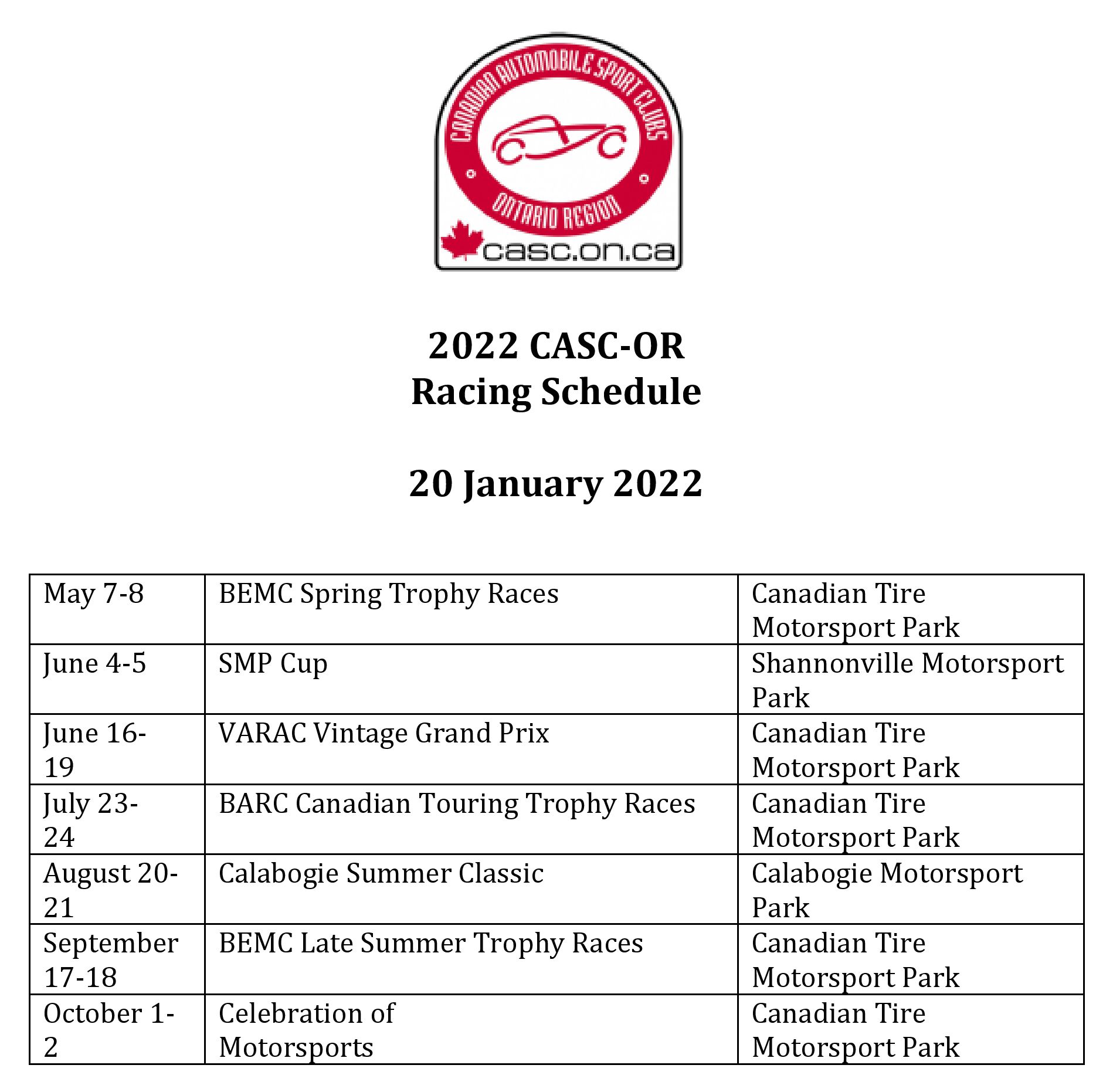 2022 CASC-OR Road Race Schedule